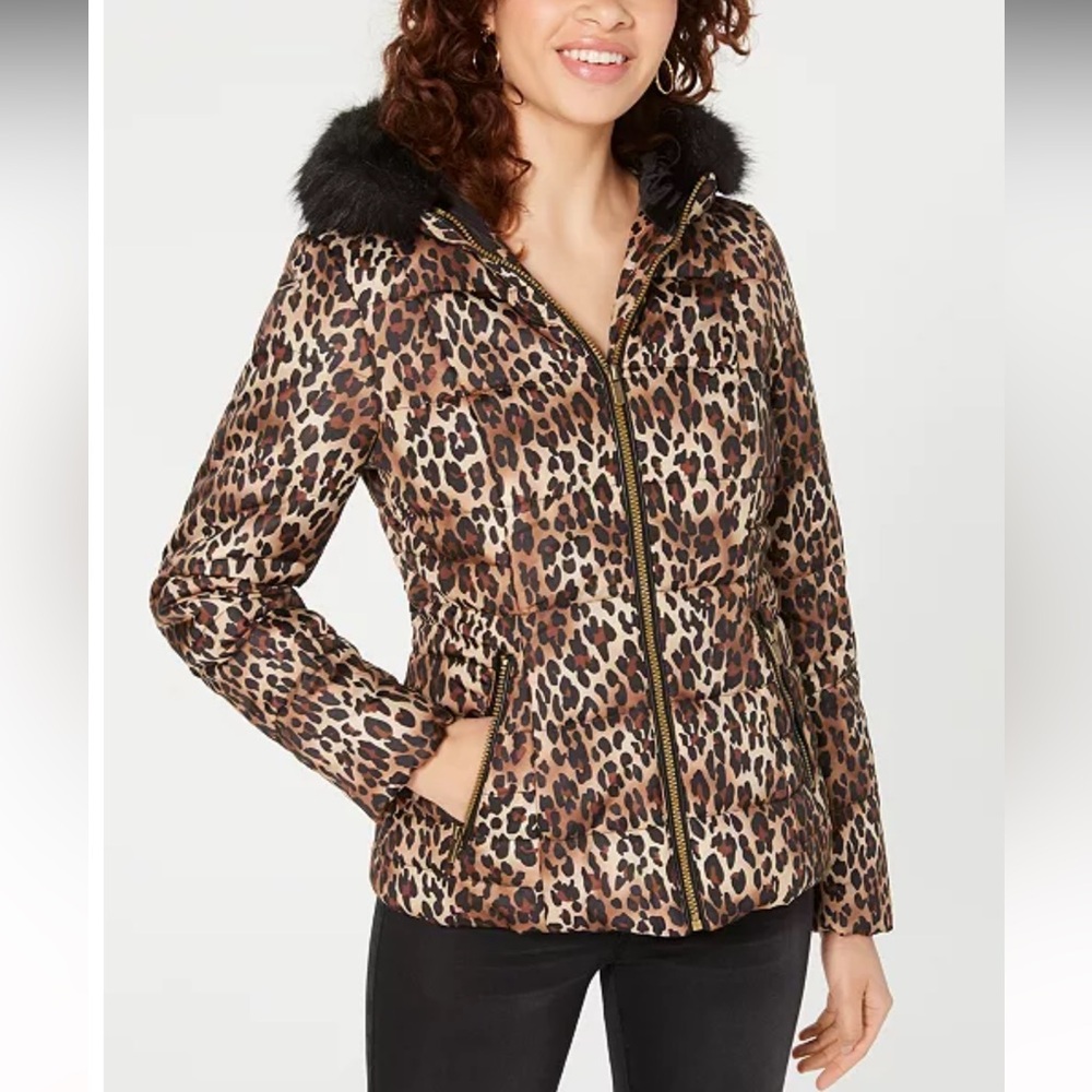 CELEBRITY PINK Juniors Leopard-Print Puffer Coat with Faux Fur Trim Hood